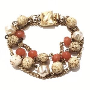 Mid Century Orange Tan Beaded Gold Tone Multi Chain Bracelet